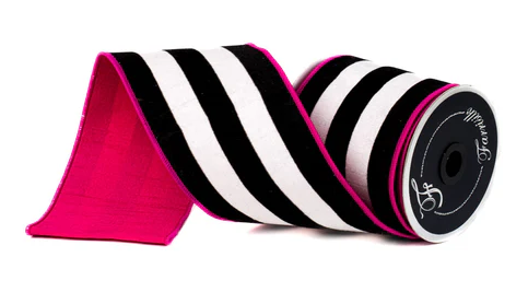 4"x10yd Velvety Stripes Hot Pink, Black, and White Wired Designer Ribbon – Bold Craft and Decor | TCT Crafts I RK631-08
