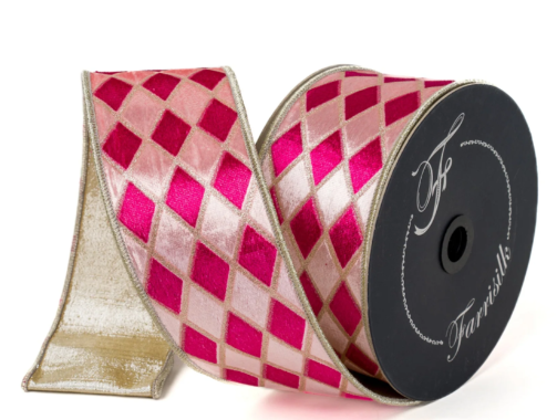 Farrisilk Sugar Plaid Velvet Diamonds Wired Ribbon – Pink & Gold Harlequin Designer 2.5"x10yd Farrisilk