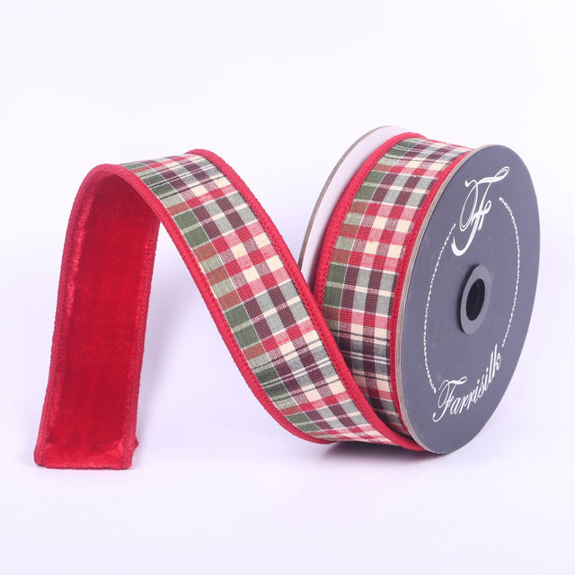 Farrisilk Plaid Plush Red Velvet Ribbon | Reversible Red Green Beige | 1.5" x 10yd-RM004-24 Farrisilk