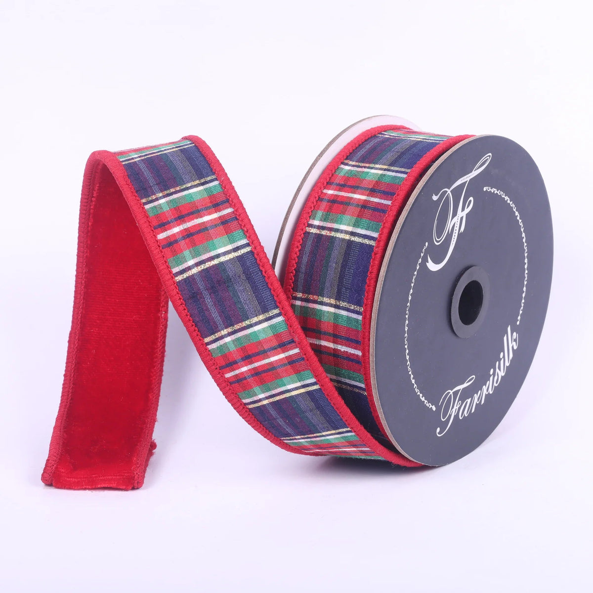 Farrisilk Plaid Plush Red Velvet Ribbon | Reversible Wired Ribbon | 1.5" x 10yd-RM004-25 Farrisilk