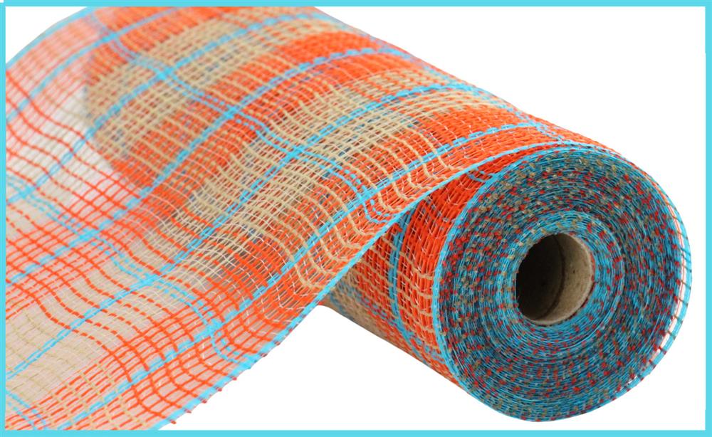 10.25" x 10yd Fall Plaid Faux Jute Mesh Roll - Orange, Natural & Turquoise, Ideal for Wreath Making-RY8331X4 TCT Crafts