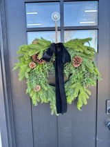 26" Mixed Evergreen Wreath with Pinecones & Velvet Ribbon - Rustic Holiday Decor