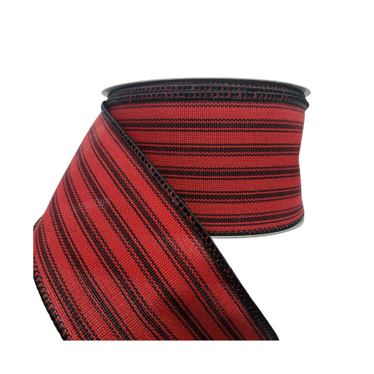 2.5"x10YD Ticking Stripe Wired Ribbon Red/Black for Wreath Making and Crafts RG Ribbon