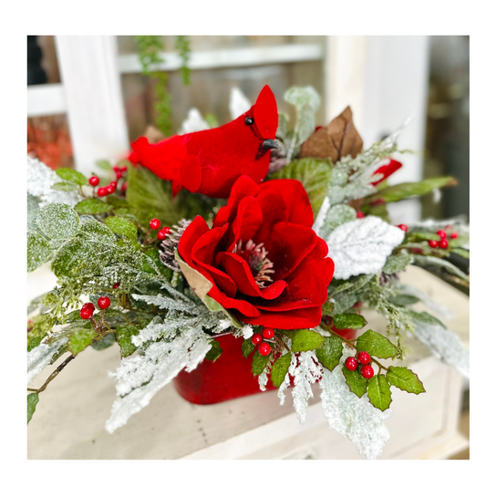 Red Cardinal Holiday Centerpiece with Velvet Magnolias & Snowy Greenery – Christmas Table Decor TCT Crafts