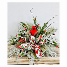 Load image into Gallery viewer, Rustic Cardinal Christmas Centerpiece with Pine Berries Frosted Greenery and Red Ribbon for Holiday Table or Mantel Decoration 19x16