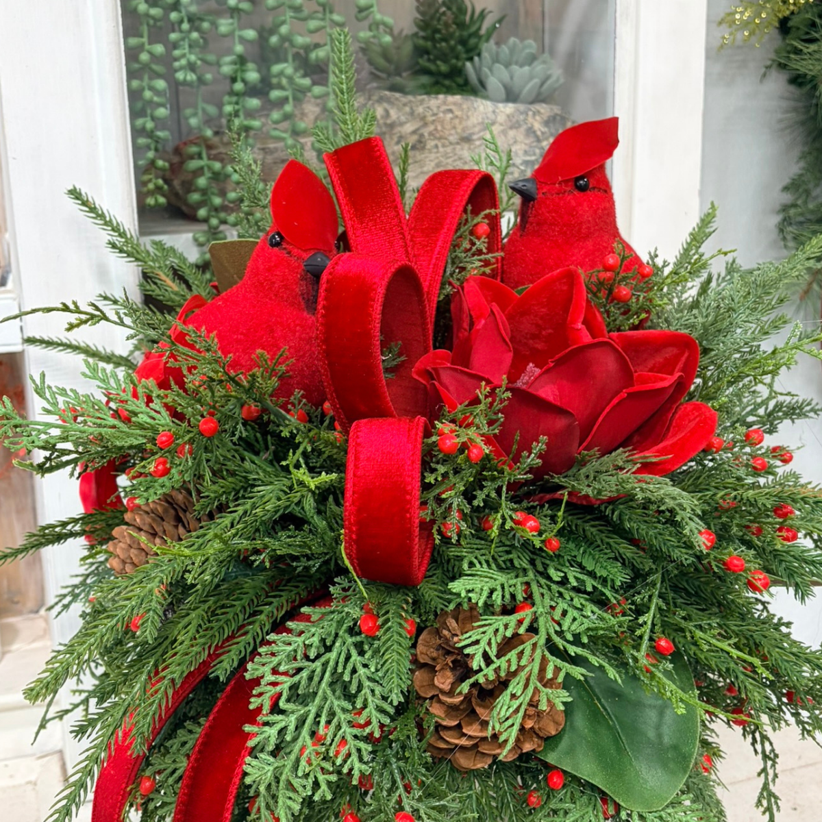Red Cardinal Christmas Candlestick Arrangement with Velvet Magnolias & Farrisilk Bow-2209 TCT Crafts
