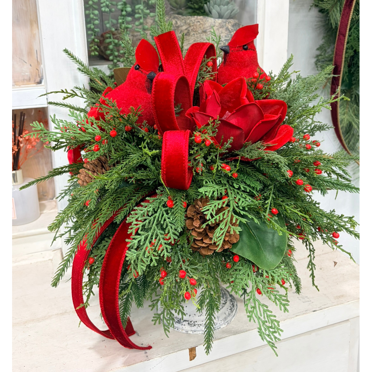 Red Cardinal Christmas Candlestick Arrangement with Velvet Magnolias & Farrisilk Bow-2209 TCT Crafts