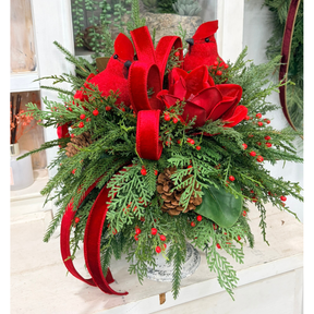 Red Cardinal Christmas Candlestick Arrangement with Velvet Magnolias & Farrisilk Bow-2209 TCT Crafts