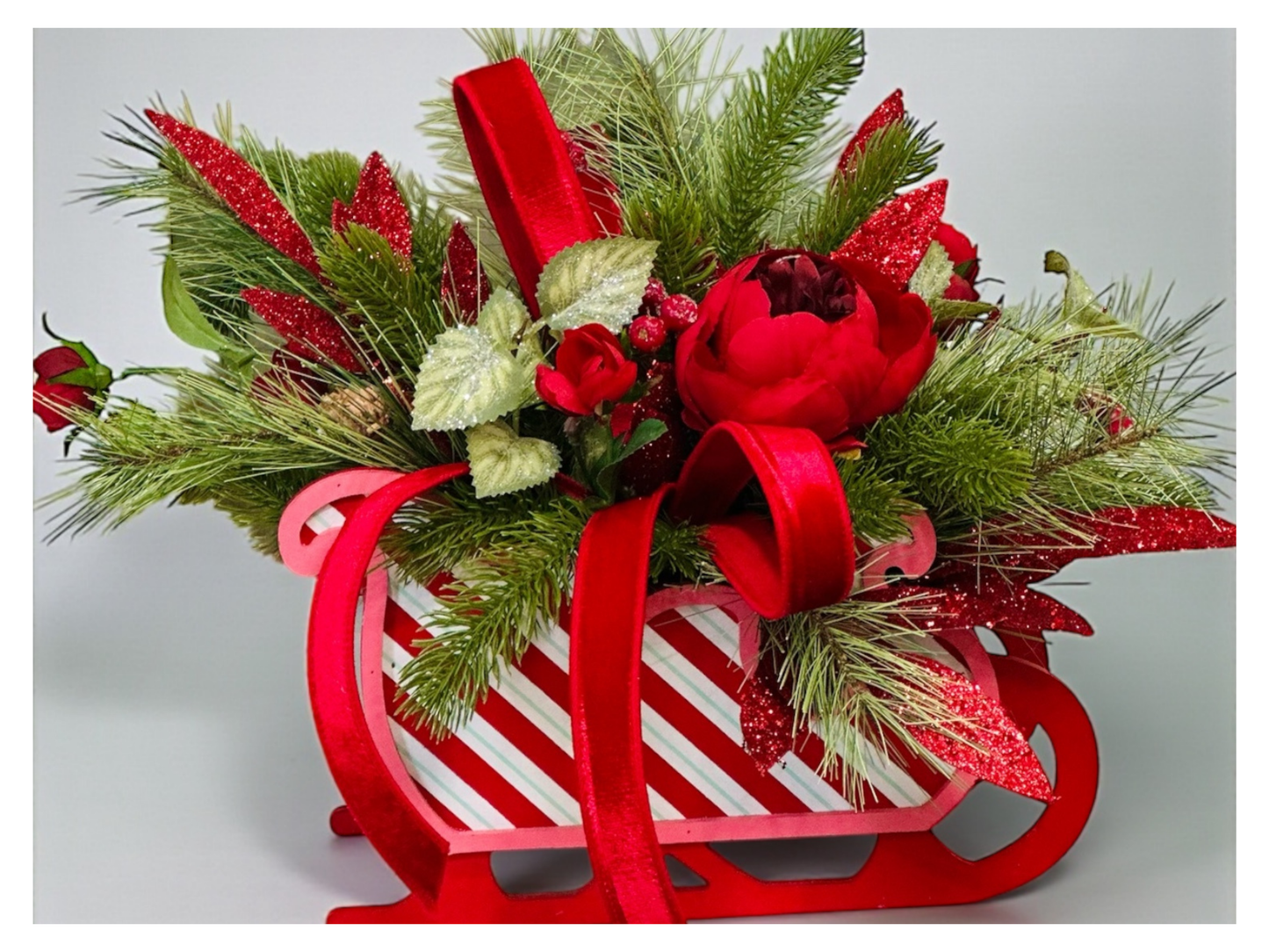 Red Christmas Sleigh Floral Arrangement | Holiday Peony Centerpiece TCT Crafts
