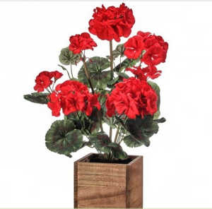 16.5" Artificial Red Geranium Plant in Wooden Box | Faux Floral Tabletop Décor