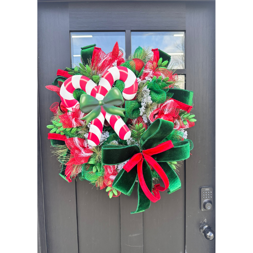 Red & Green Christmas Wreath with Candy Canes, Emerald Velvet Ribbon – 26