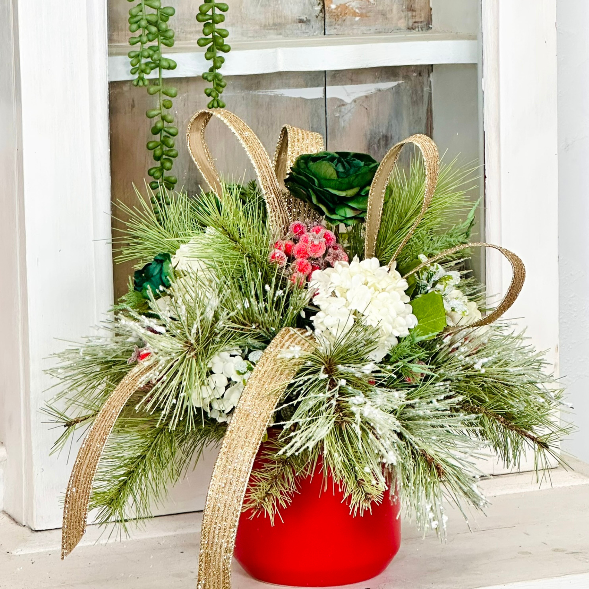 Small Christmas Centerpiece in Red Pot – Green & Gold Holiday Arrangement TCT Crafts
