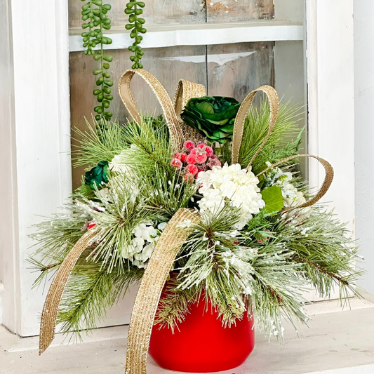 Small Christmas Centerpiece in Red Pot – Green & Gold Holiday Arrangement TCT Crafts