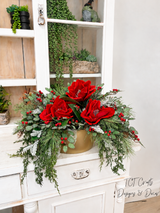 Red Velvet Magnolia Holly Christmas Arrangement - Gold Boat-2193 TCT Crafts Designs & Decor