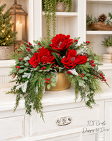 Red Velvet Magnolia Holly Christmas Arrangement - Gold Boat-2193 TCT Crafts Designs & Decor