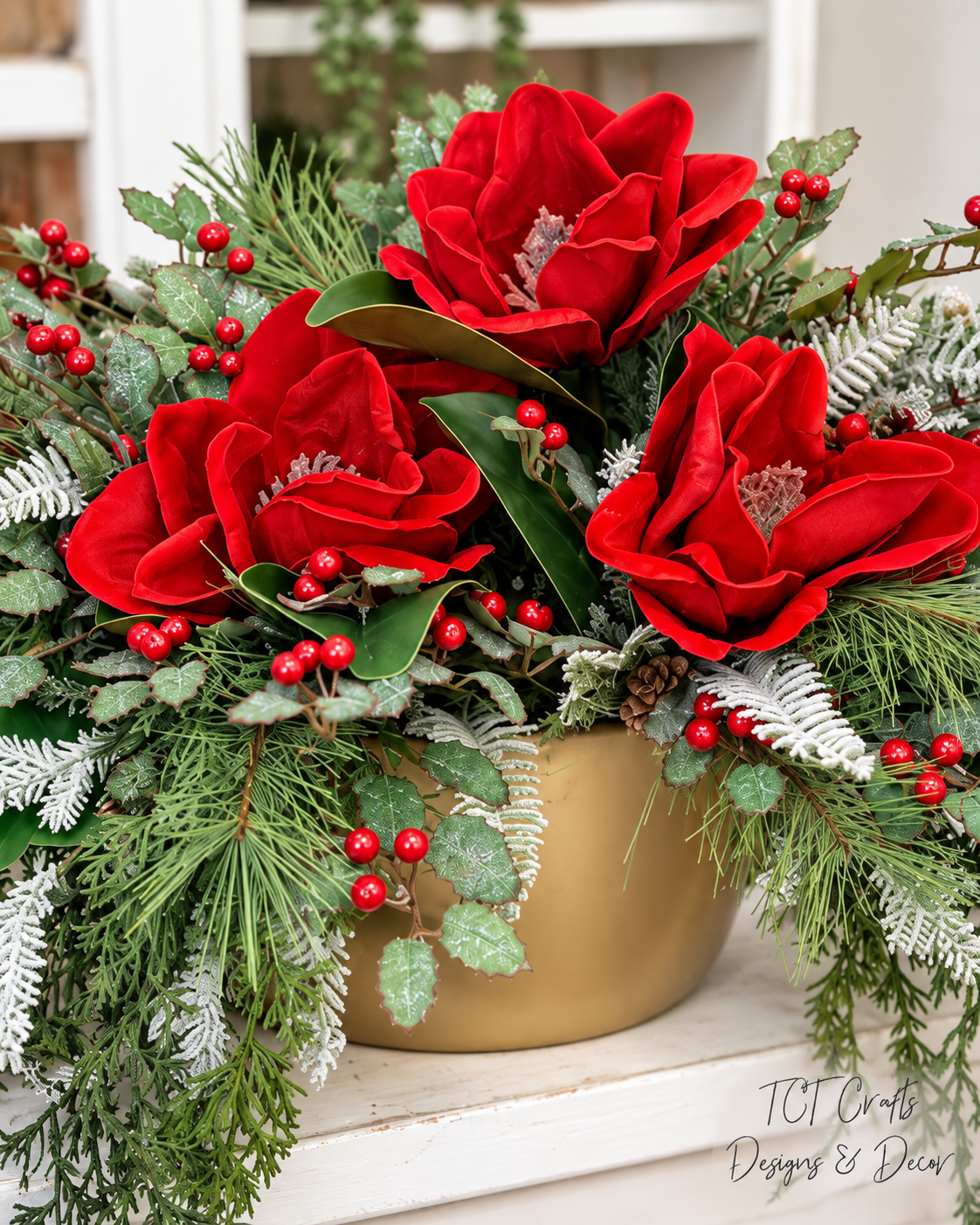 Red Velvet Magnolia Holly Christmas Arrangement - Gold Boat-2193 TCT Crafts Designs & Decor