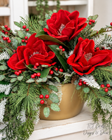 Red Velvet Magnolia Holly Christmas Arrangement - Gold Boat-2193 TCT Crafts Designs & Decor