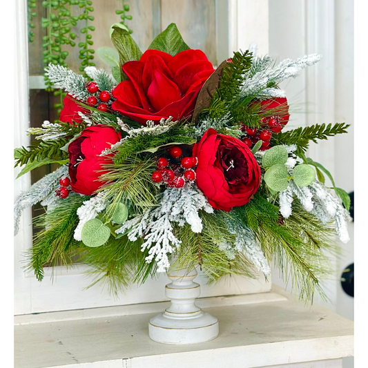 Red Magnolia & Peony Christmas Centerpiece on Candlestick | Holiday Floral Decor TCT Crafts
