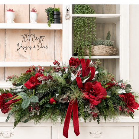 Red Rose Christmas Centerpiece in Dough Bowl — 32 Inch Traditional Holiday Arrangement TCT Crafts