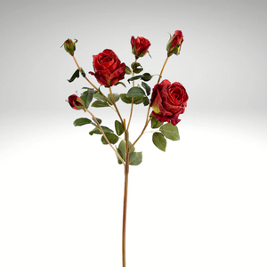 27.5" Artificial Red Rose Spray | 3 Flowers & 3 Buds with Vintage Dried Flower Look