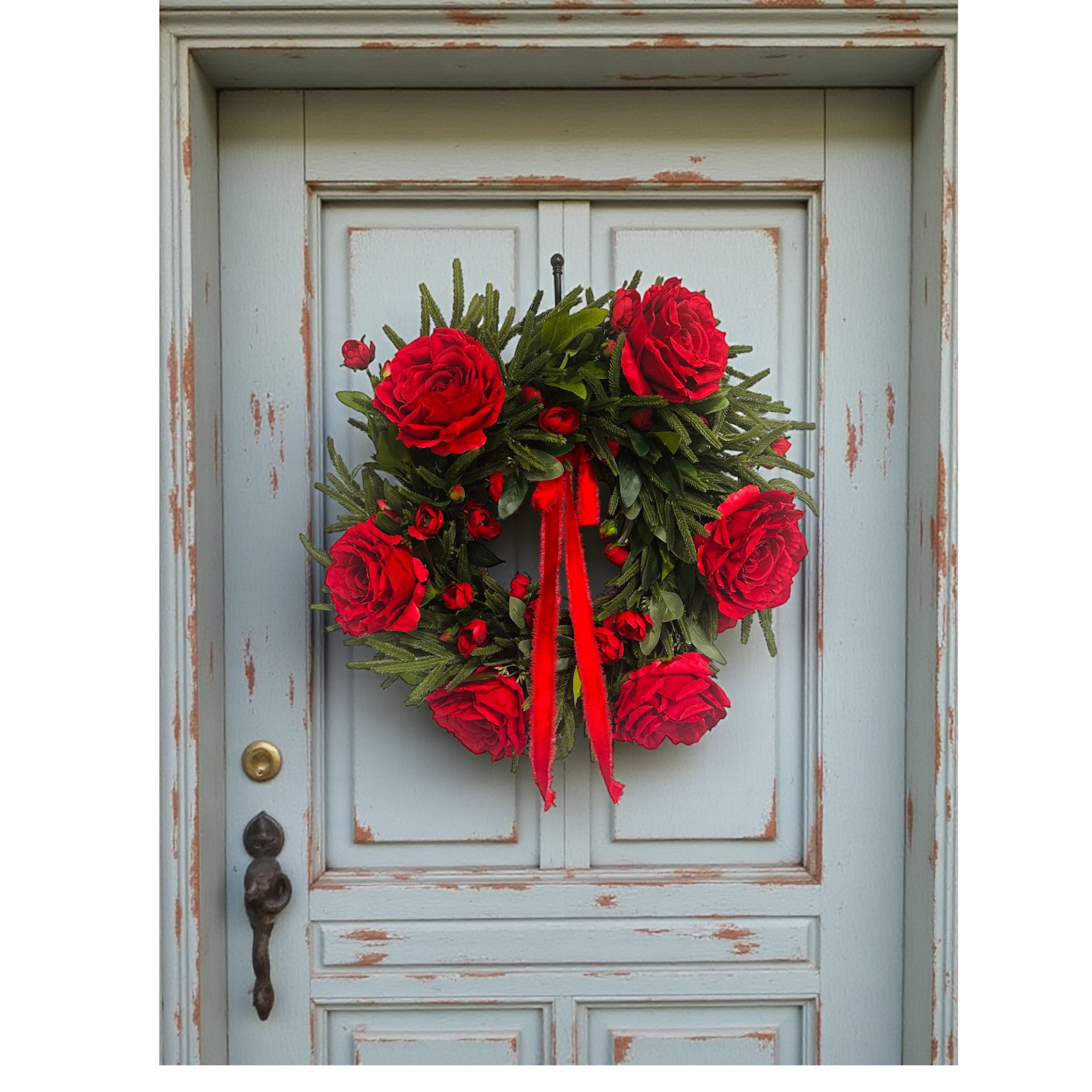 Red Rose Valentine Wreath with Lush Greenery