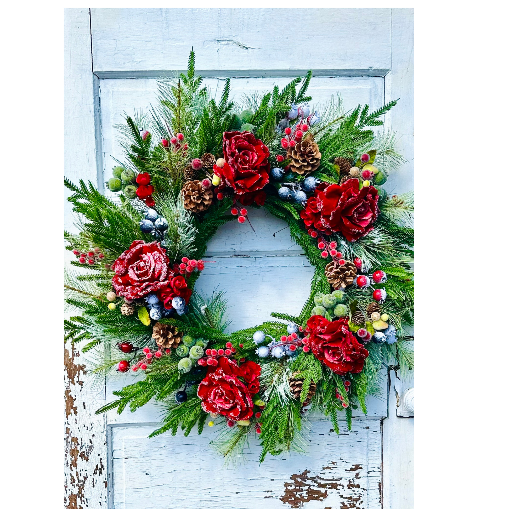 Red Snowy Rose & Mixed Fruit Christmas Wreath | 30" Winter Grapevine Wreath TCT Crafts