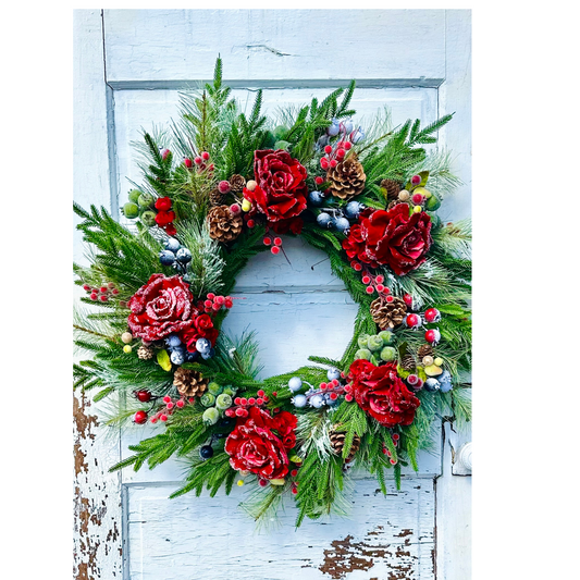 Red Snowy Rose & Mixed Fruit Christmas Wreath | 30" Winter Grapevine Wreath TCT Crafts