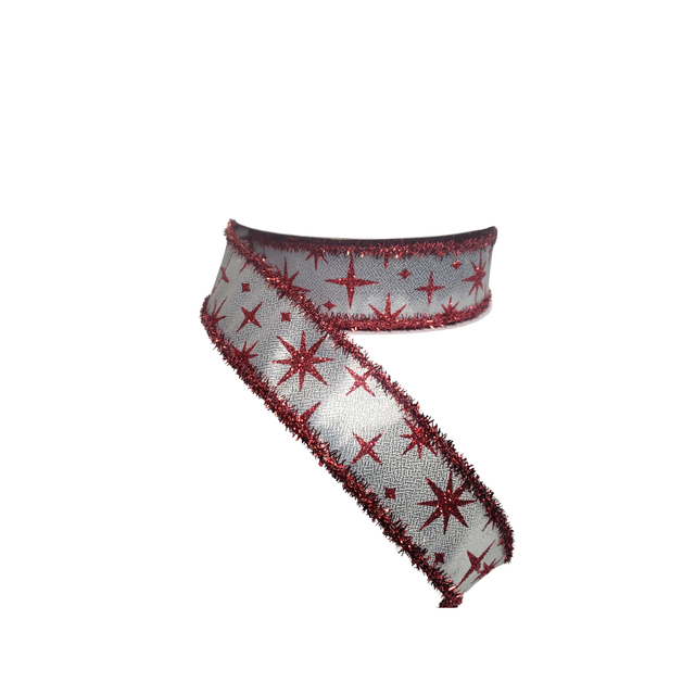 Retro Star Christmas Ribbon 1.5 Inch x 10 Yard Silver Red Wired Ribbon-RG0833926 Craig Bachman