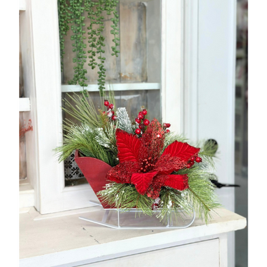 Red Poinsettia Winter Sleigh Arrangement – Festive Holiday Centerpiece, Christmas Floral Decor, Winter Table Arrangement, 14