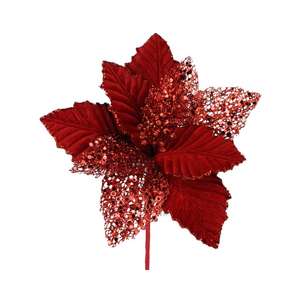 11" Red Velvet Poinsettia Stem with Filigree - Holiday Floral Pick for Christmas Decor, Wreaths & Centerpieces-NF4111