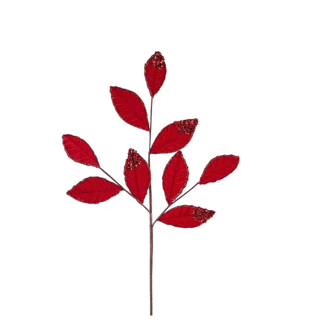 Red Velvet Glitter Magnolia Leaf Spray | Luxe Christmas Stem | 27" x 9 Leaves-XS255224 Craig Bachman