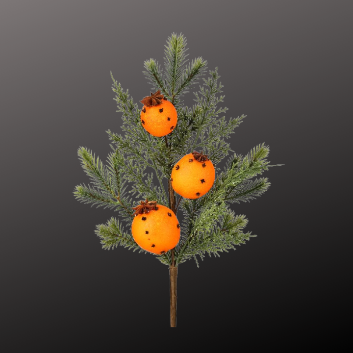 18" Evergreen Pick with Real Orange & Clove Scent – Holiday Faux Orange Pomander Pick, Christmas Floral Stem-MTX76741 Regency