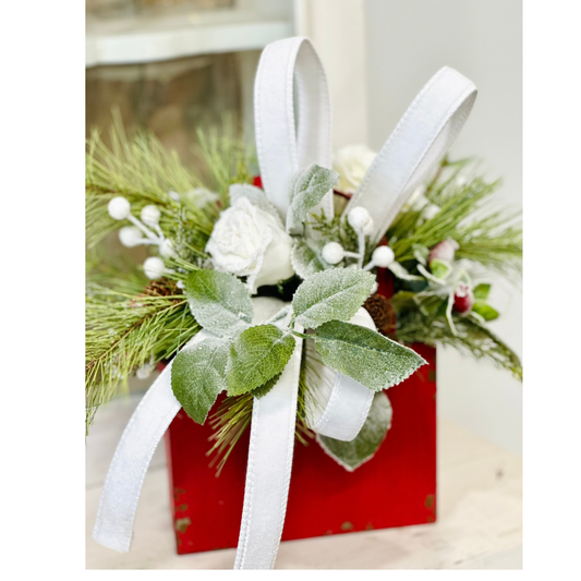 Red White Winter Centerpiece in Rustic Tote | Holiday Floral Arrangement TCT Crafts