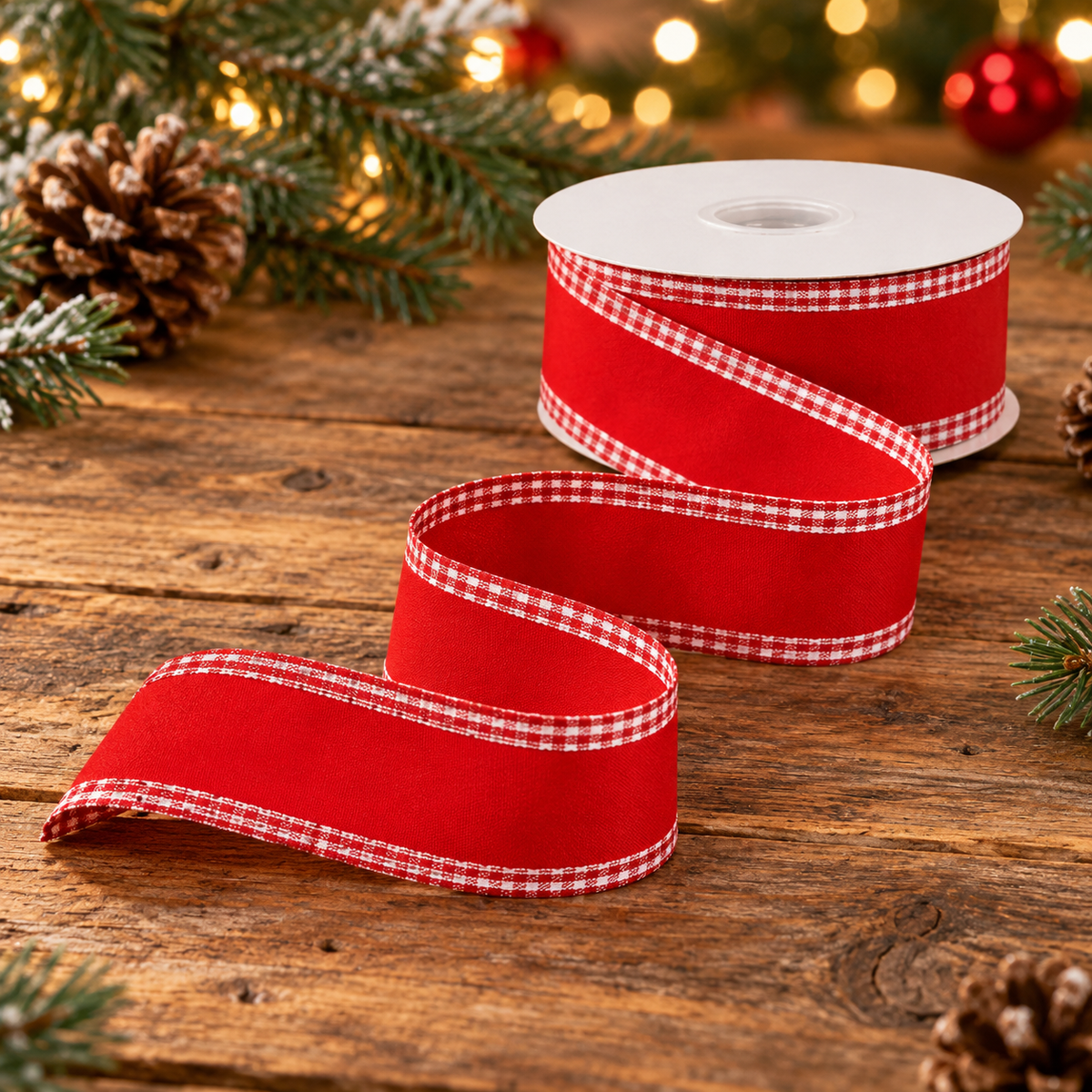 Red Velvet Gingham Edge Ribbon | Wired Christmas Velvet Ribbon | 1.5" x 10yd-RG08994F3 Craig Bachman