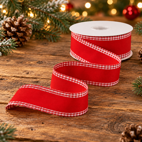 Red Velvet Gingham Edge Ribbon | Wired Christmas Velvet Ribbon | 1.5" x 10yd-RG08994F3 Craig Bachman