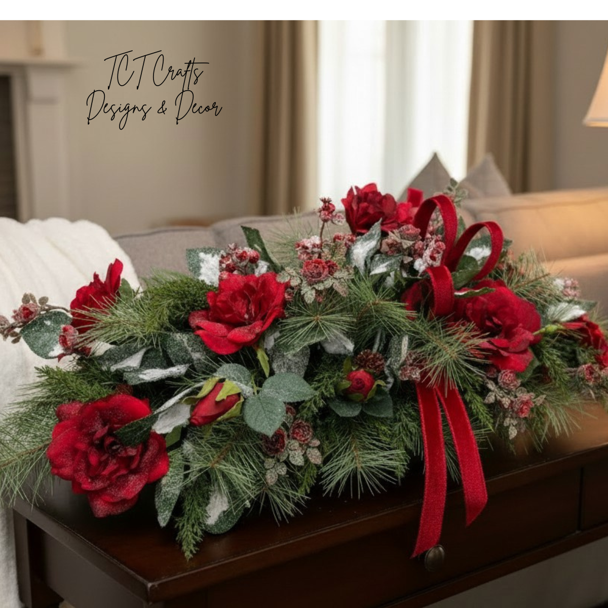 Red Rose Christmas Centerpiece in Dough Bowl — 32 Inch Traditional Holiday Arrangement TCT Crafts