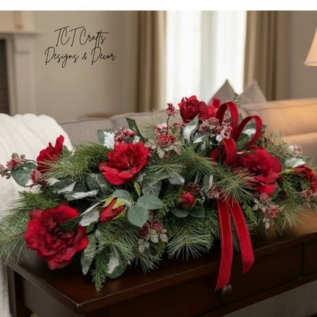 Red Rose Christmas Centerpiece in Dough Bowl — 32 Inch Traditional Holiday Arrangement TCT Crafts
