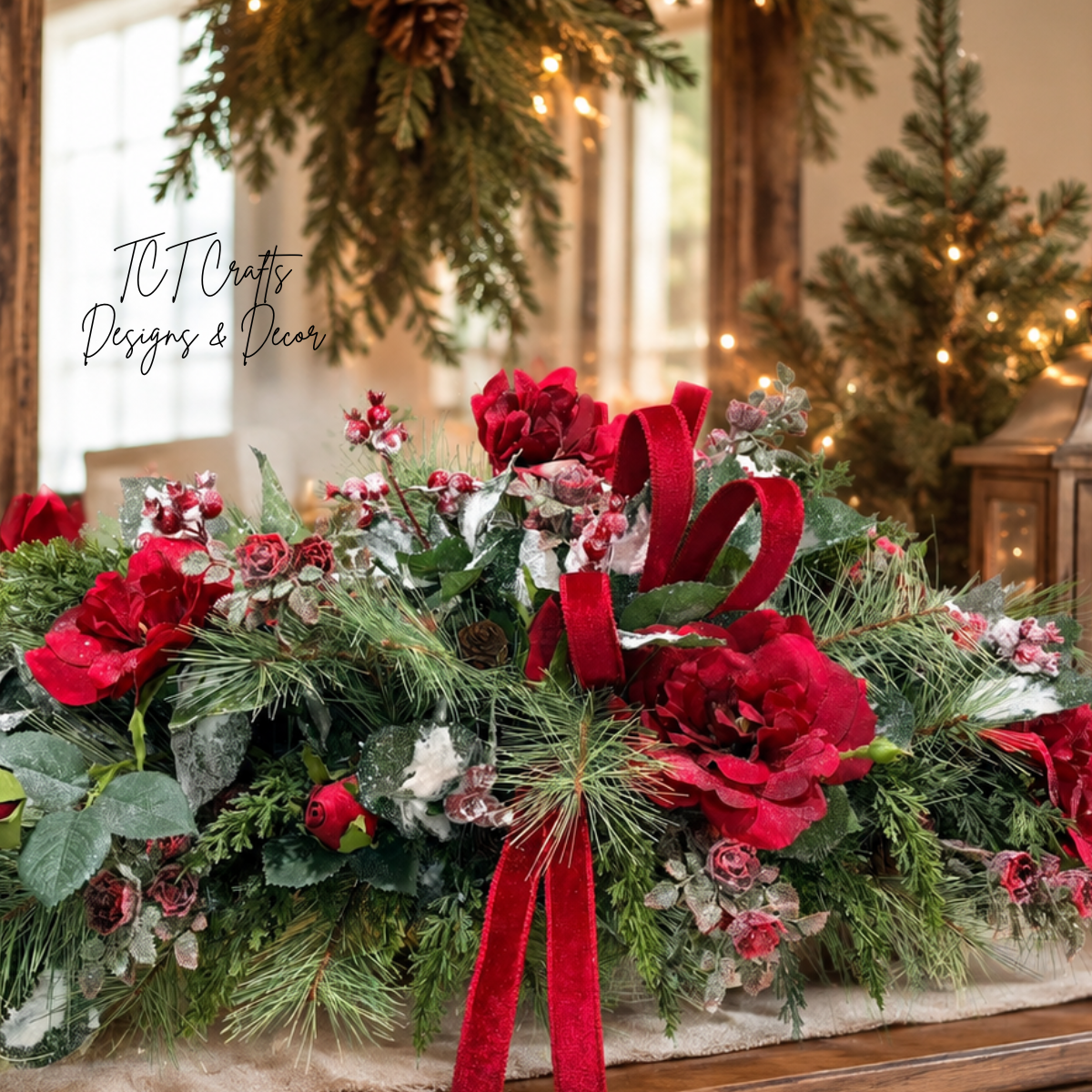 Red Rose Christmas Centerpiece in Dough Bowl — 32 Inch Traditional Holiday Arrangement TCT Crafts
