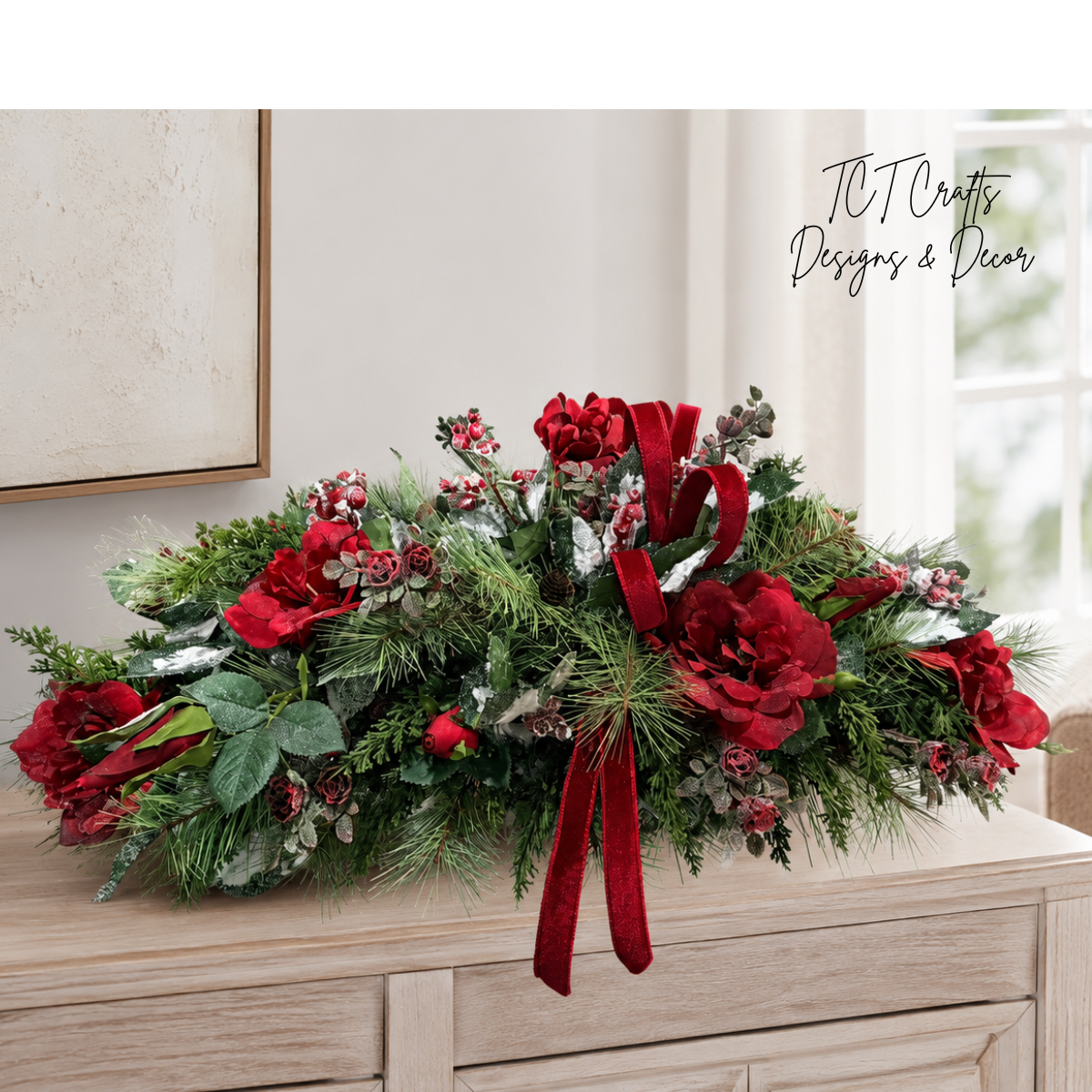 Red Rose Christmas Centerpiece in Dough Bowl — 32 Inch Traditional Holiday Arrangement TCT Crafts