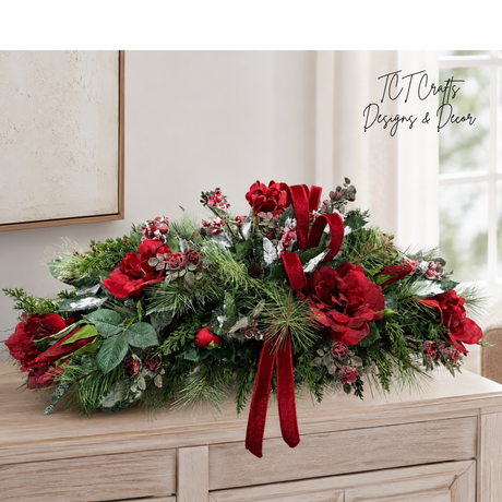 Red Rose Christmas Centerpiece in Dough Bowl — 32 Inch Traditional Holiday Arrangement TCT Crafts