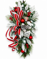 Snowy Cedar Christmas Door Swag with Red Ornaments & Burlap Ribbon-2210 TCT Crafts