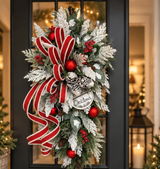 Snowy Cedar Christmas Door Swag with Red Ornaments & Burlap Ribbon-2210 TCT Crafts