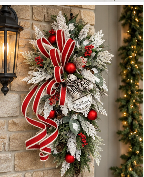 Snowy Cedar Christmas Door Swag with Red Ornaments & Burlap Ribbon-2210 TCT Crafts