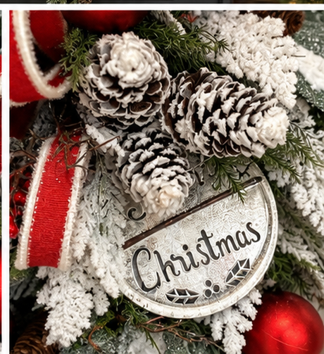 Snowy Cedar Christmas Door Swag with Red Ornaments & Burlap Ribbon-2210 TCT Crafts