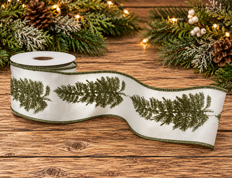 Regency Ivory Tree Embroidered Canvas Ribbon | Wired Christmas Ribbon | 4" x 5yd-MTX74894 Regency International