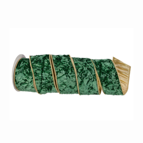 2.5"x5 Yard Crushed Velvet Regency Ribbon – Green with Gold Trim | Designer Christmas Craft Ribbon