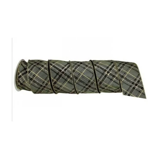Regency Olive Gentleman's Plaid Ribbon | Gold Metallic Wired Ribbon | 2.5" x 10yd-MTX74152 Regency International