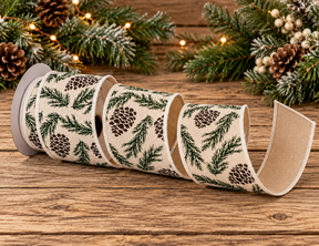 Ivory Pinecone Leaf Cotton Ribbon | Regency Wired Christmas Ribbon | 4" x 5yd-MTX71645 Regency International