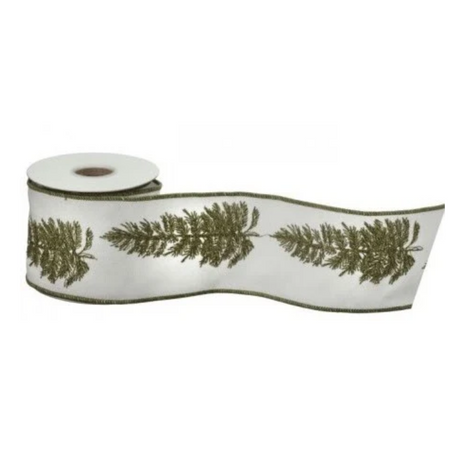 Regency Ivory Tree Embroidered Canvas Ribbon | Wired Christmas Ribbon | 4" x 5yd-MTX74894 Regency International