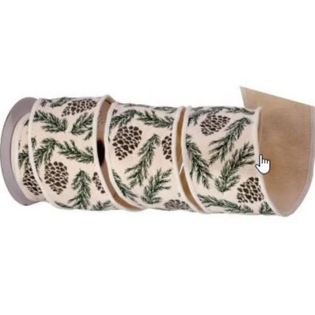 Ivory Pinecone Leaf Cotton Ribbon | Regency Wired Christmas Ribbon | 4" x 5yd-MTX71645 Regency International